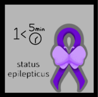 1 seizure longer than 5 minutes (1 < 5min 🕜) with a purple butterfly and purple ribbon (symbols for status epileticus)